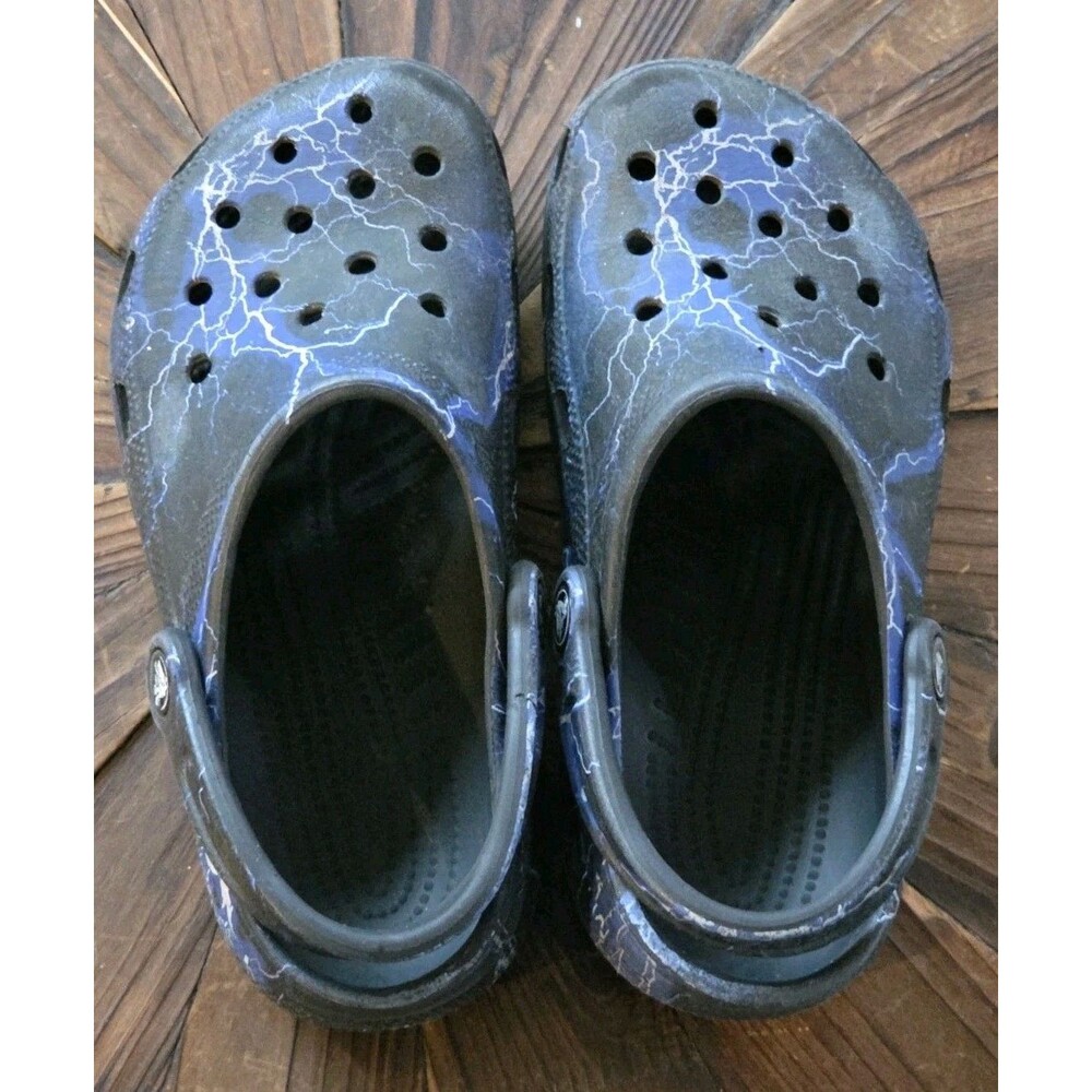 Crocs Classic Clog Sandals Black/Blue Lightning Print- Size 5 Men 7 Women